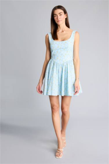 Afra x Defacto V Yaka Floral Poplin Kolsuz Mini Elbise