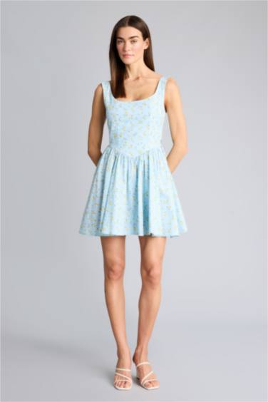 Afra x Defacto V Yaka Floral Poplin Kolsuz Mini Elbise - Görsel 2