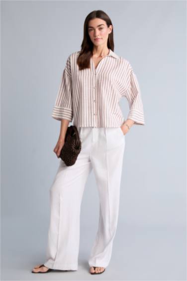 Oversıze Çizgili Keten Görünümlü Uzun Kollu Gömlek - Görsel 2