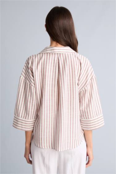 Oversıze Çizgili Keten Görünümlü Uzun Kollu Gömlek - Görsel 5