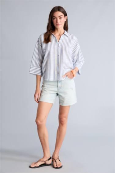 Oversıze Çizgili Keten Görünümlü Uzun Kollu Gömlek - Görsel 2