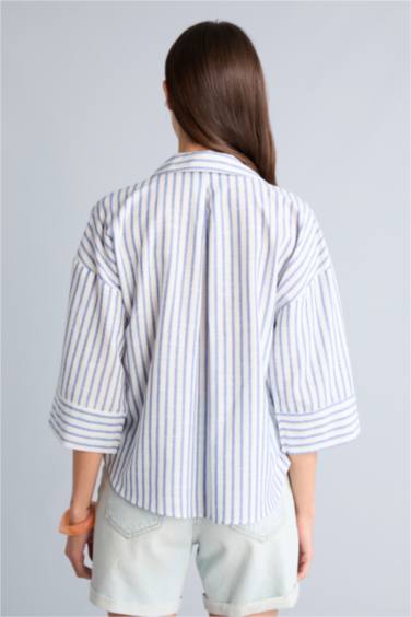 Oversıze Çizgili Keten Görünümlü Uzun Kollu Gömlek - Görsel 5