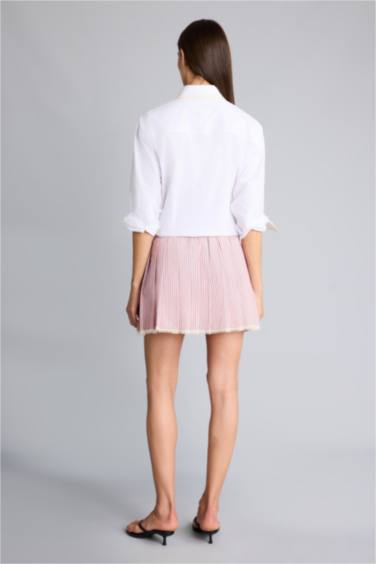 Afra x Defacto Pilise Normal Bel Poplin Mini Etek - Görsel 5