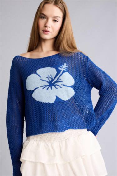 Kayık Yaka Çiçekli Triko Kazak