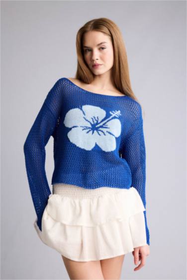 Kayık Yaka Çiçekli Triko Kazak - Görsel 3