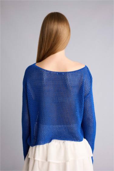 Kayık Yaka Çiçekli Triko Kazak - Görsel 5