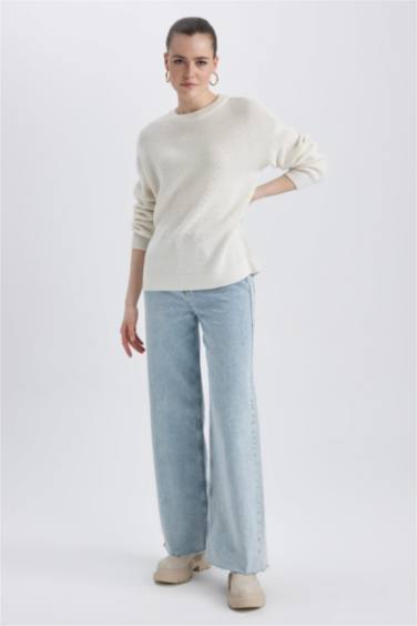 بلوز صوف سادة قصة عادية بياخة مستديرة