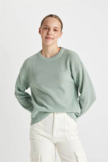 Regular Fit Bisiklet Yaka Selanik Kumaş Basic Düz Triko Kazak