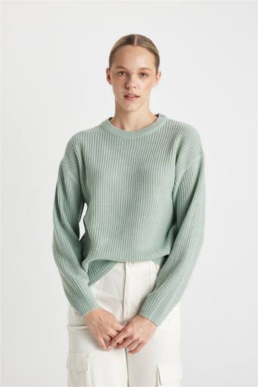 Regular Fit Bisiklet Yaka Selanik Kumaş Basic Düz Triko Kazak