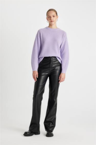 Regular Fit Bisiklet Yaka Selanik Kumaş Basic Düz Triko Kazak