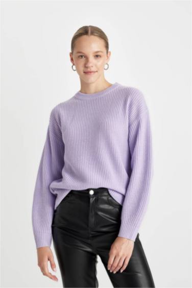 Regular Fit Bisiklet Yaka Selanik Kumaş Basic Düz Triko Kazak