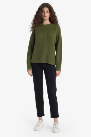 Regular Fit Bisiklet Yaka Selanik Kumaş Basic Düz Triko Kazak