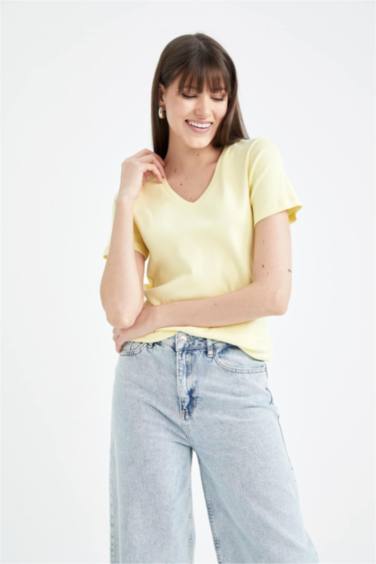 تي شيرت قطن سليم فيت بياقة V