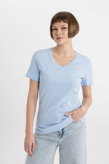 Slim Fit V Neck Ribbed Basic T-Shirt