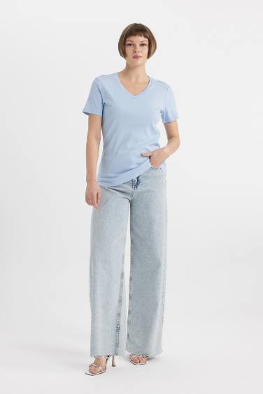 Slim Fit V Neck Ribbed Basic T-Shirt