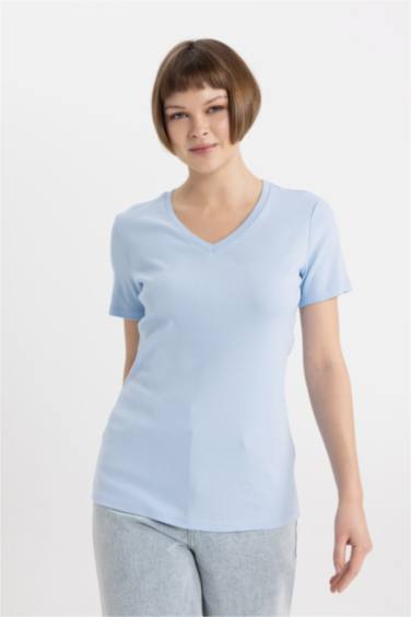 Slim Fit V Neck Ribbed Basic T-Shirt