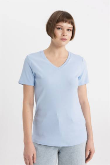 Slim Fit V Neck Ribbed Basic T-Shirt