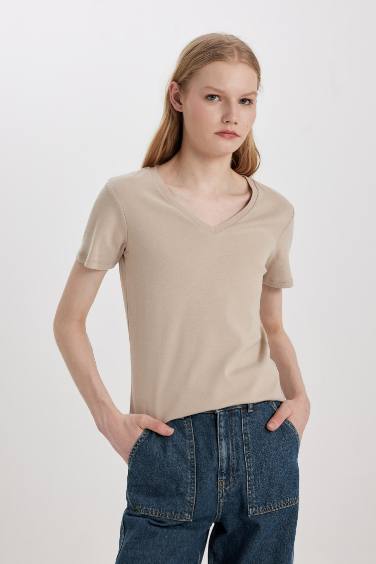 Slim Fit V Yaka Ribana Basic Kısa Kollu Tişört