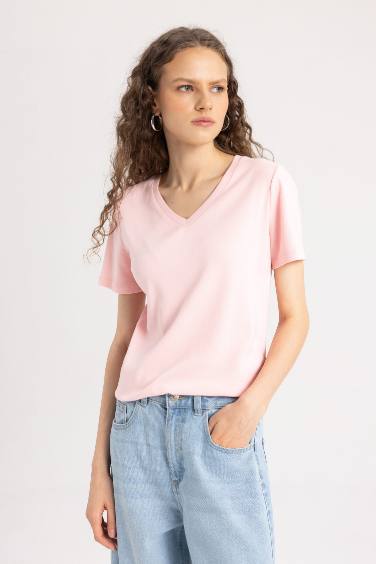 Slim Fit V Neck Ribbon Basic Short Sleeve T-Shirt