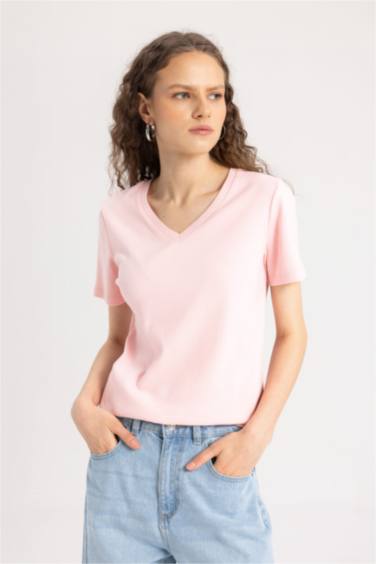 Slim Fit V Neck Ribbon Basic Short Sleeve T-Shirt