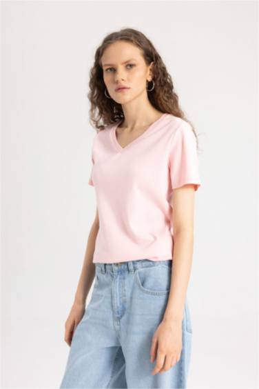Slim Fit V Neck Ribbon Basic Short Sleeve T-Shirt