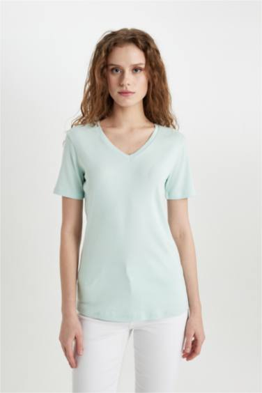 Slim Fit V Neck Ribbed Basic T-Shirt