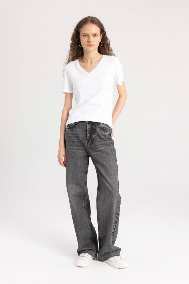 Slim Fit V Neck Ribbed Basic Short Sleeve T-Shirt