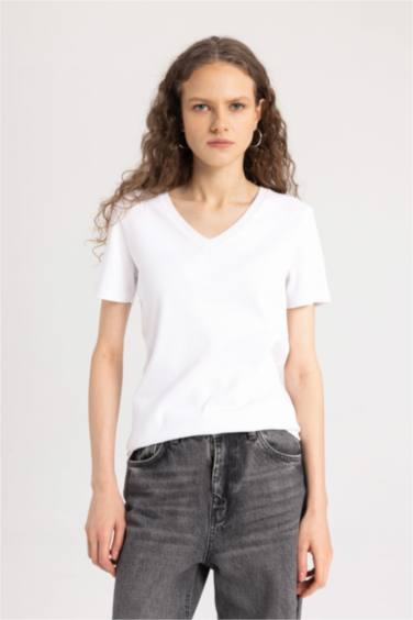 Slim Fit V Neck Ribbed Basic Short Sleeve T-Shirt