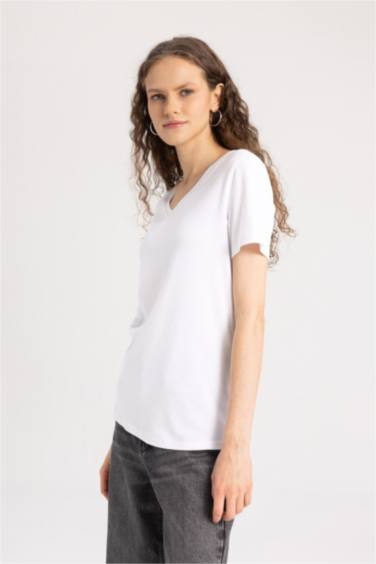 Slim Fit V Neck Ribbed Basic Short Sleeve T-Shirt