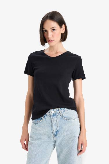 Slim Fit Dar Kesim V Yaka Basic Düz Ribana Kısa Kollu Siyah Tişört