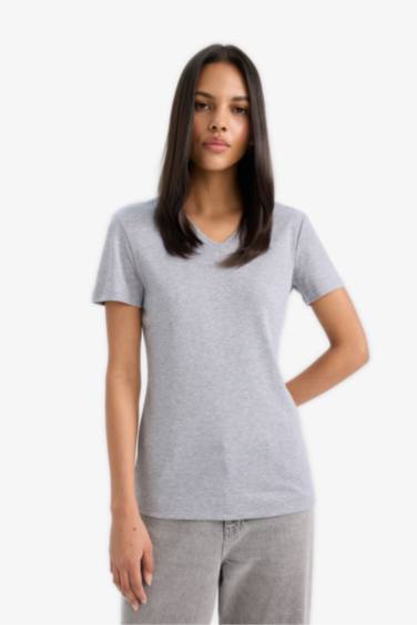 Slim Fit V Neck Ribbed Basic Short Sleeve T-Shirt