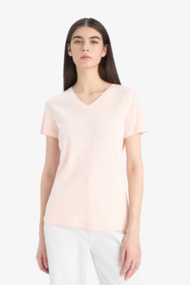 Slim Fit V Neck Basic Rib Short Sleeve T-Shirt