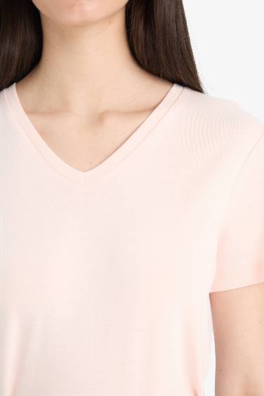 Slim Fit V Neck Basic Rib Short Sleeve T-Shirt