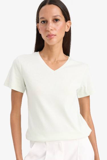 Slim Fit V Neck Basic Rib Short Sleeve T-Shirt