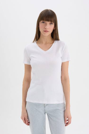 Slim Fit V-Neck Ribana Short Sleeve T-Shirt