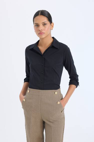 Regular Fit Basic Düz Bengalin Uzun Kollu Gömlek