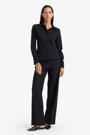 قميص كم طويل قصة عادية برقبة قميص