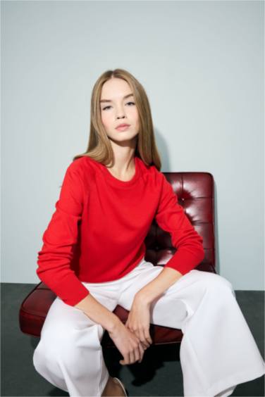 Relax Fit Bisiklet Yaka Basic Düz Triko Kazak