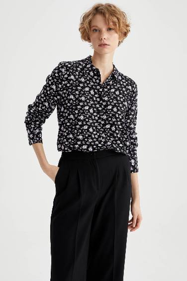 Regular Hem Long-Sleeved Shirt Neck Patterned Shirt