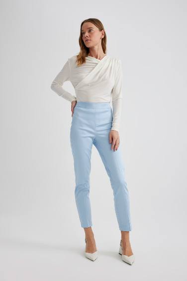 Sigaret Saten Kumaş Pantolon Normal Bel Basic Düz Beli Lastikli Düz Paça