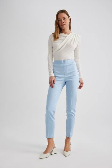 Sigaret Saten Kumaş Pantolon Normal Bel Basic Düz Beli Lastikli Düz Paça