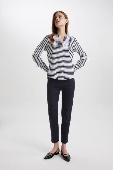 Sigaret Saten Kumaş Pantolon Lacivert Normal Bel Basic Düz Beli Lastikli Düz Paça