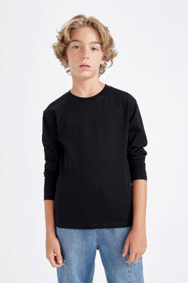 Boy Crew Neck Basic Black Long Sleeve School T-Shirt