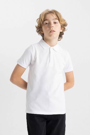 Boy Polo Neck Pique White School T-Shirt