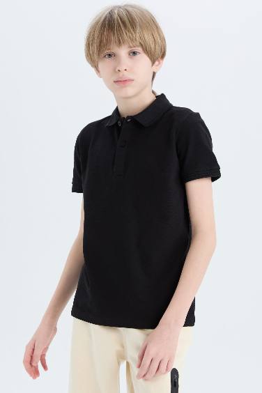 Boy Black Polo Neck Pique Short Sleeve Basic T-Shirt