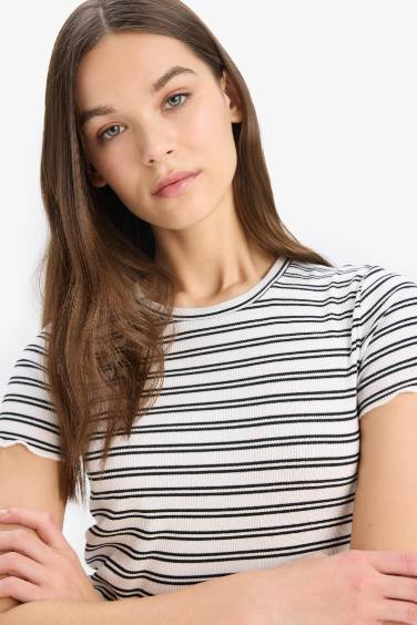 Fitted Crew Neck Striped Corduroy T-Shirt