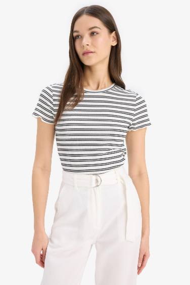 Fitted Crew Neck Striped Corduroy T-Shirt