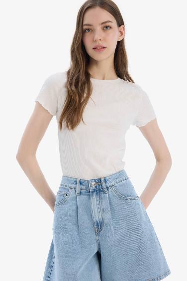 Fitted Crew Neck Basic Ribbed T-Shirt