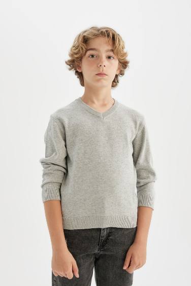 Boy Gray V Neck Knitted School Pullover