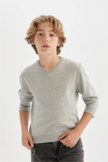 Erkek Çocuk Gri V Yaka Basic Düz Triko Okul Kazağı